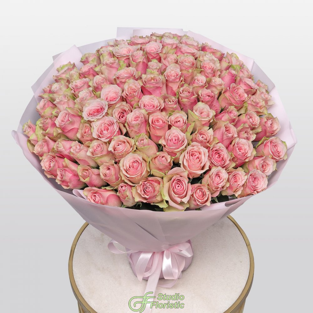 Букет из розовых Роз Кения 60 см 101 шт «Нежный Шлейф» Букет из розовых Роз Кения 60 см 101 шт «Нежный Шлейф»