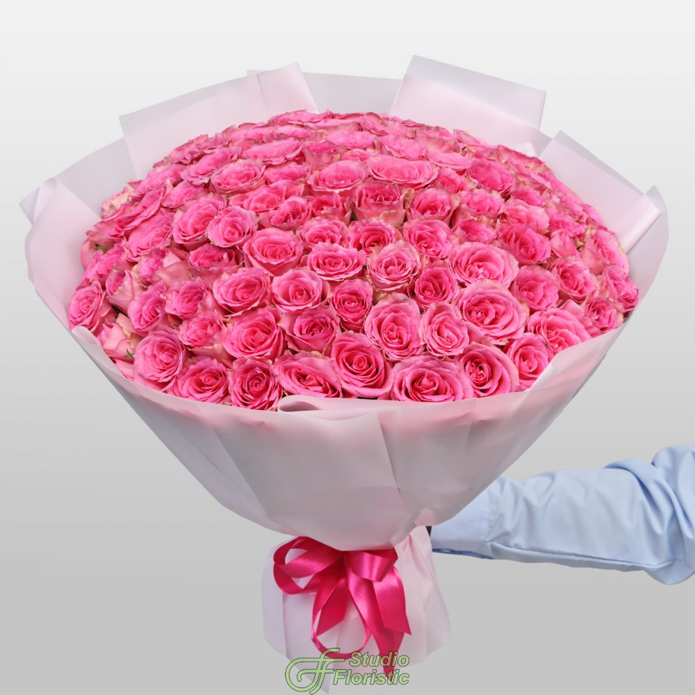 Букет из розовых Роз Кения 60 см 101 шт «Ярче Звезды» Букет из розовых Роз Кения 60 см 101 шт «Ярче Звезды»