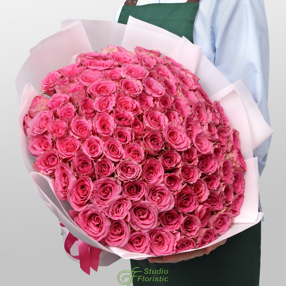 Букет из розовых Роз Кения 60 см 101 шт «Ярче Звезды» Букет из розовых Роз Кения 60 см 101 шт «Ярче Звезды»