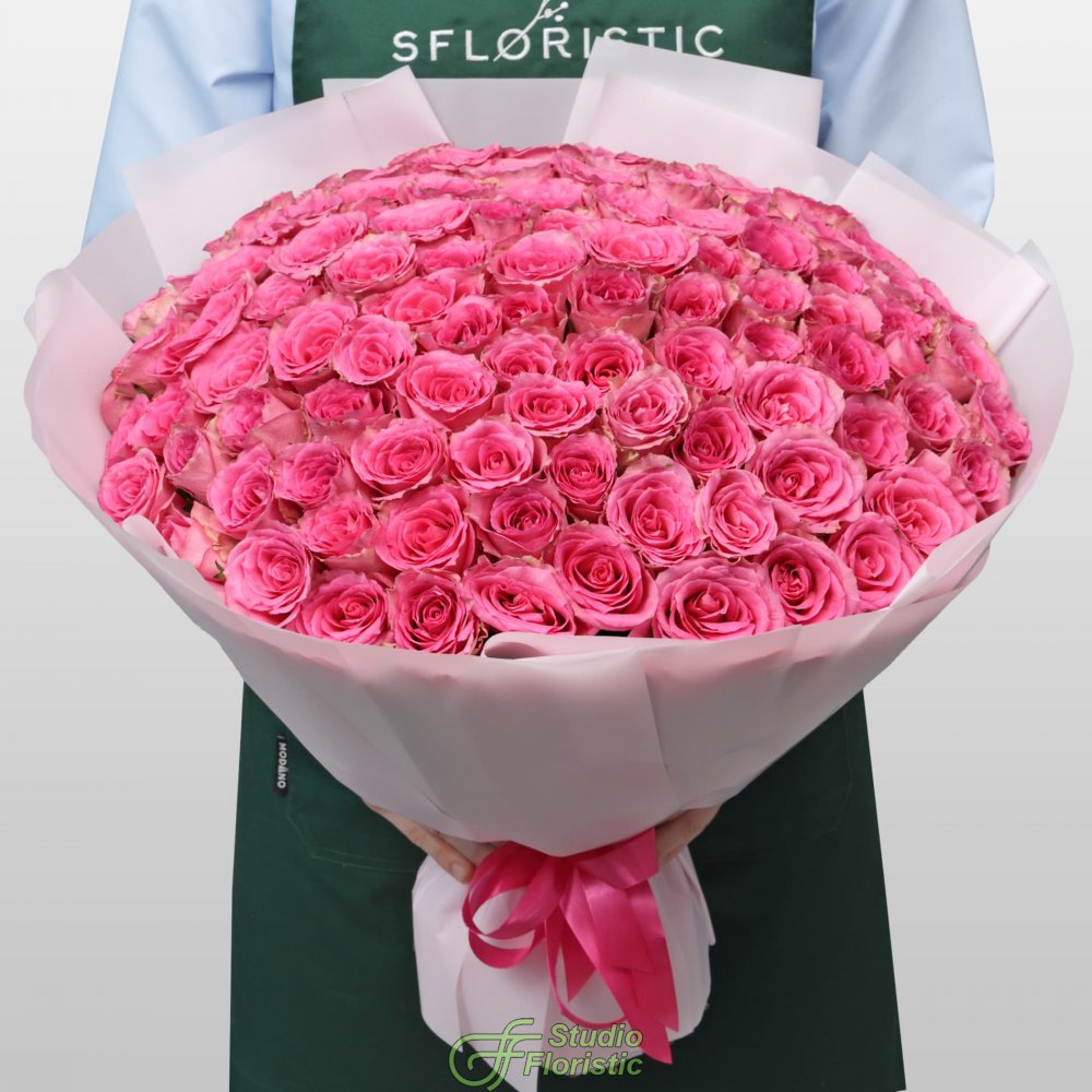 Букет из розовых Роз Кения 60 см 101 шт «Ярче Звезды» Букет из розовых Роз Кения 60 см 101 шт «Ярче Звезды»