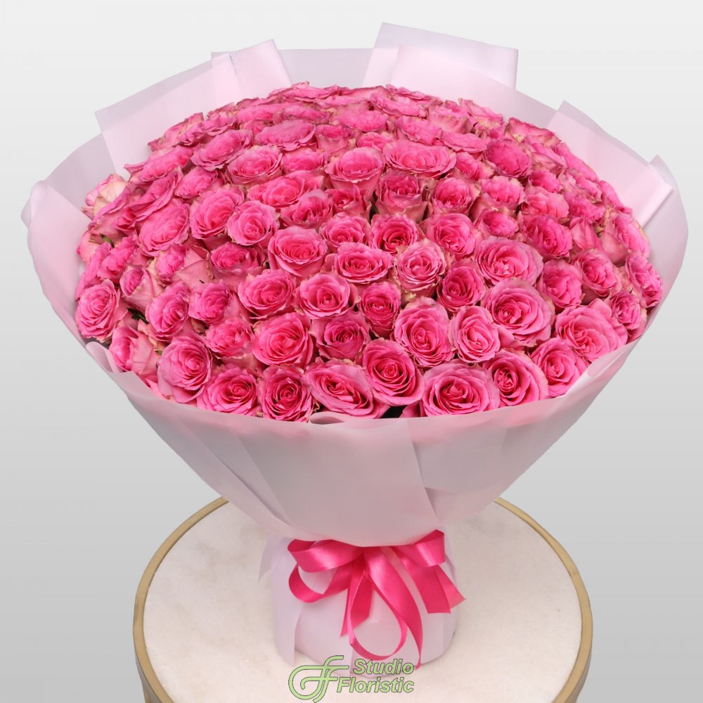 Букет из розовых Роз Кения 60 см 101 шт «Ярче Звезды» Букет из розовых Роз Кения 60 см 101 шт «Ярче Звезды»